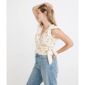 Madewell Flutter Sleeve Wrap Top Shirt Amalfi Floral White Yellow Size Small NWT